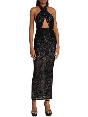 Ronny Kobo Zack Black Sequin Halter Maxi Dress Medium New With Tags Evening Gown